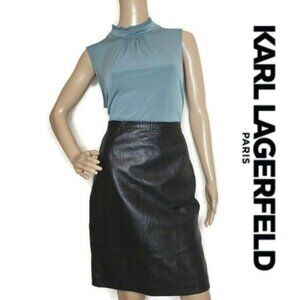 Karl Lagerfeld Paris NWT Womens Blue Sleeveless High-Neck Ruched Blouse L